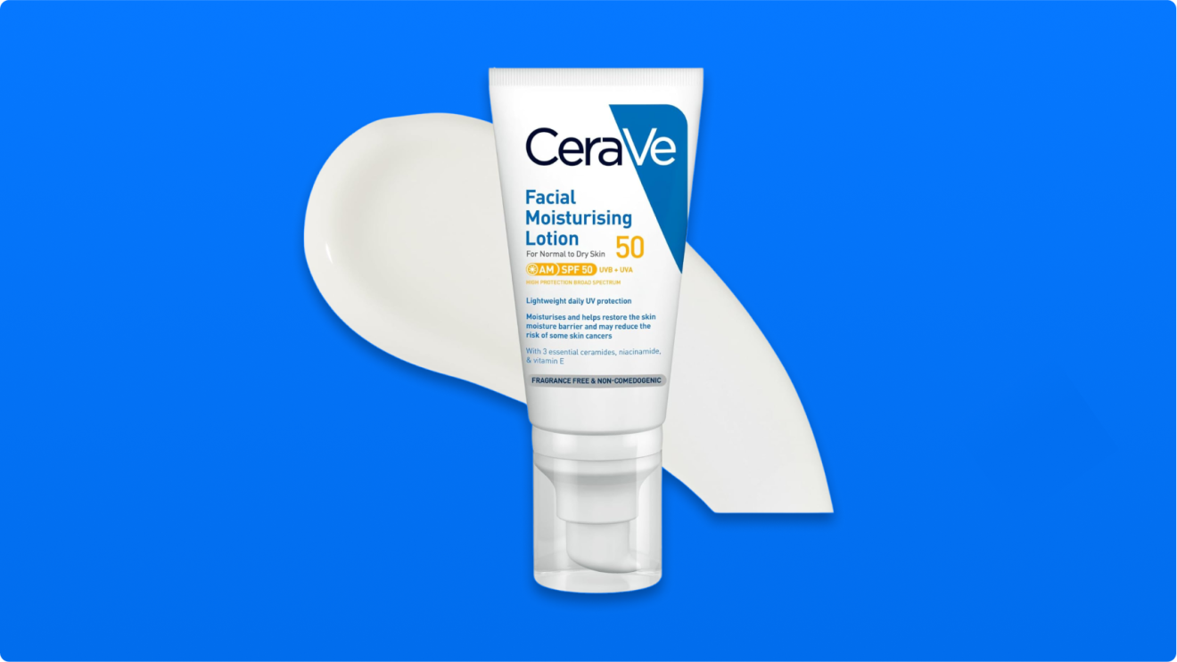CeraVe Facial Moisturising Lotion with SPF 50 on blue background