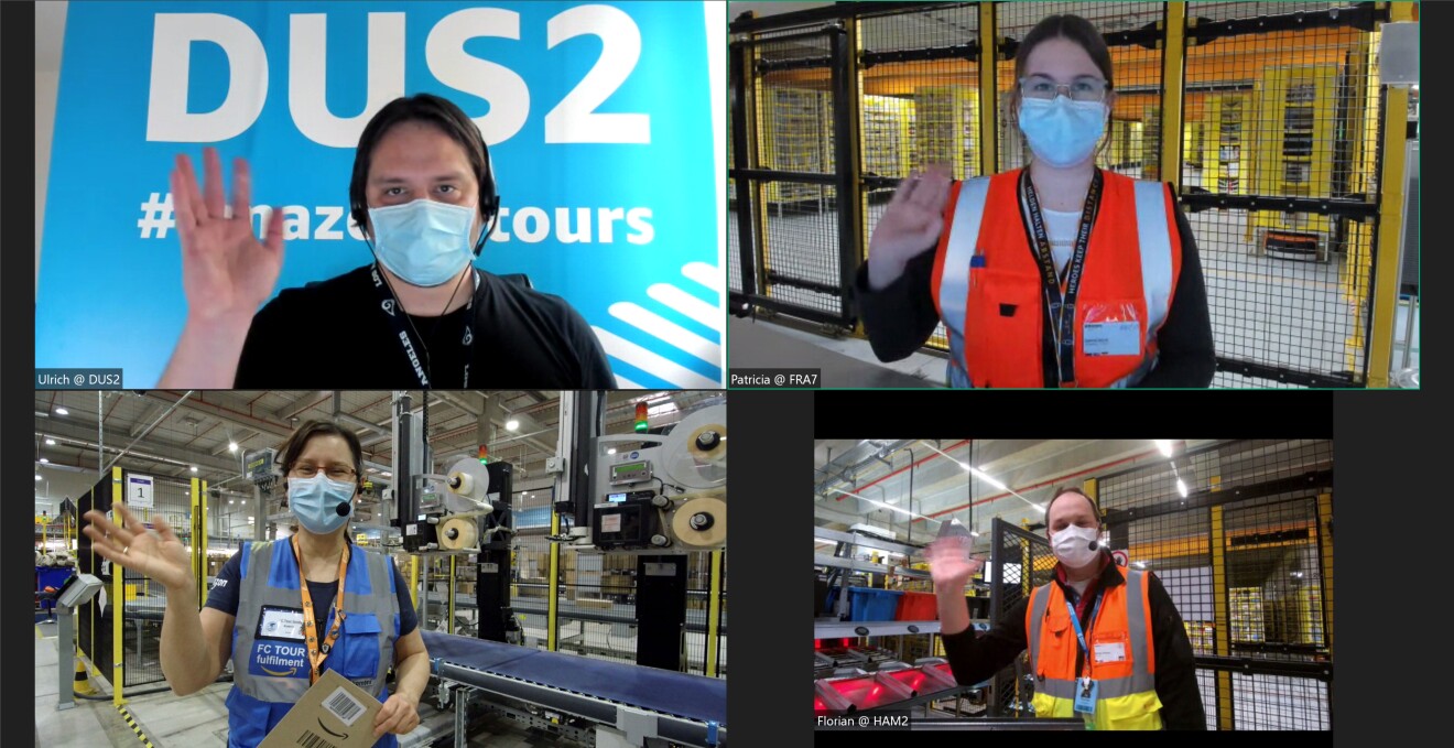 Screenshot der virtuellen AFE-Tour. Auf dem Screen sieht man die vier Tourleiter:innen Ulrich Rabe aus dem Logistikzentrum Rheinberg, Patricia Schade aus dem Logistikzentrum Frankenthal, Katrin Stein aus dem Logistikzentrum Leipzig und Florian Kramer aus dem Logistikzentrum Winsen. Alle vier stehen im Logistikzentrum, tragen Warnwesten, Headsets und Mundschutz.