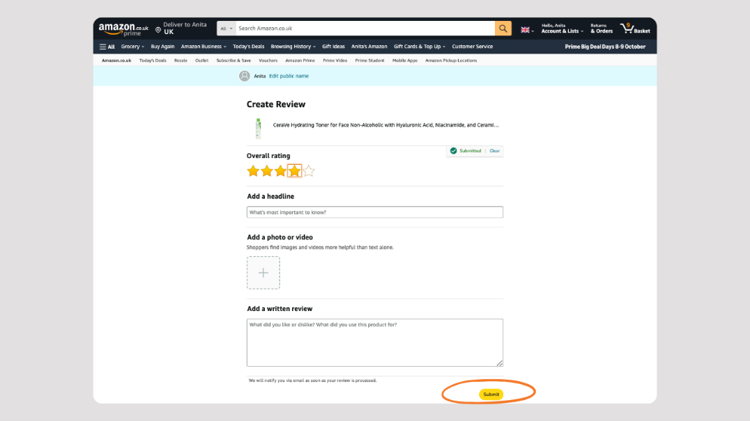 Screen showing how to submit an Amazon review on desktop
