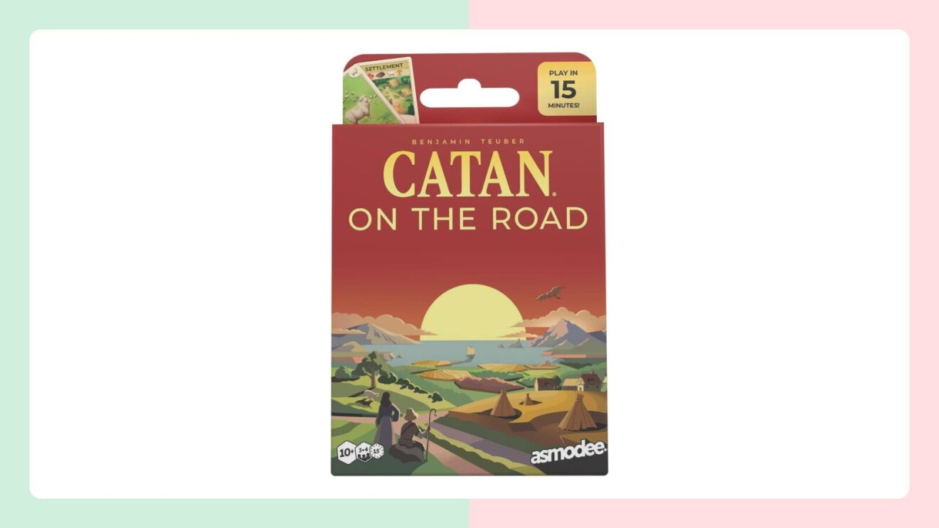 Catan On the Road card game box by Asmodee, plays in 15 minutes