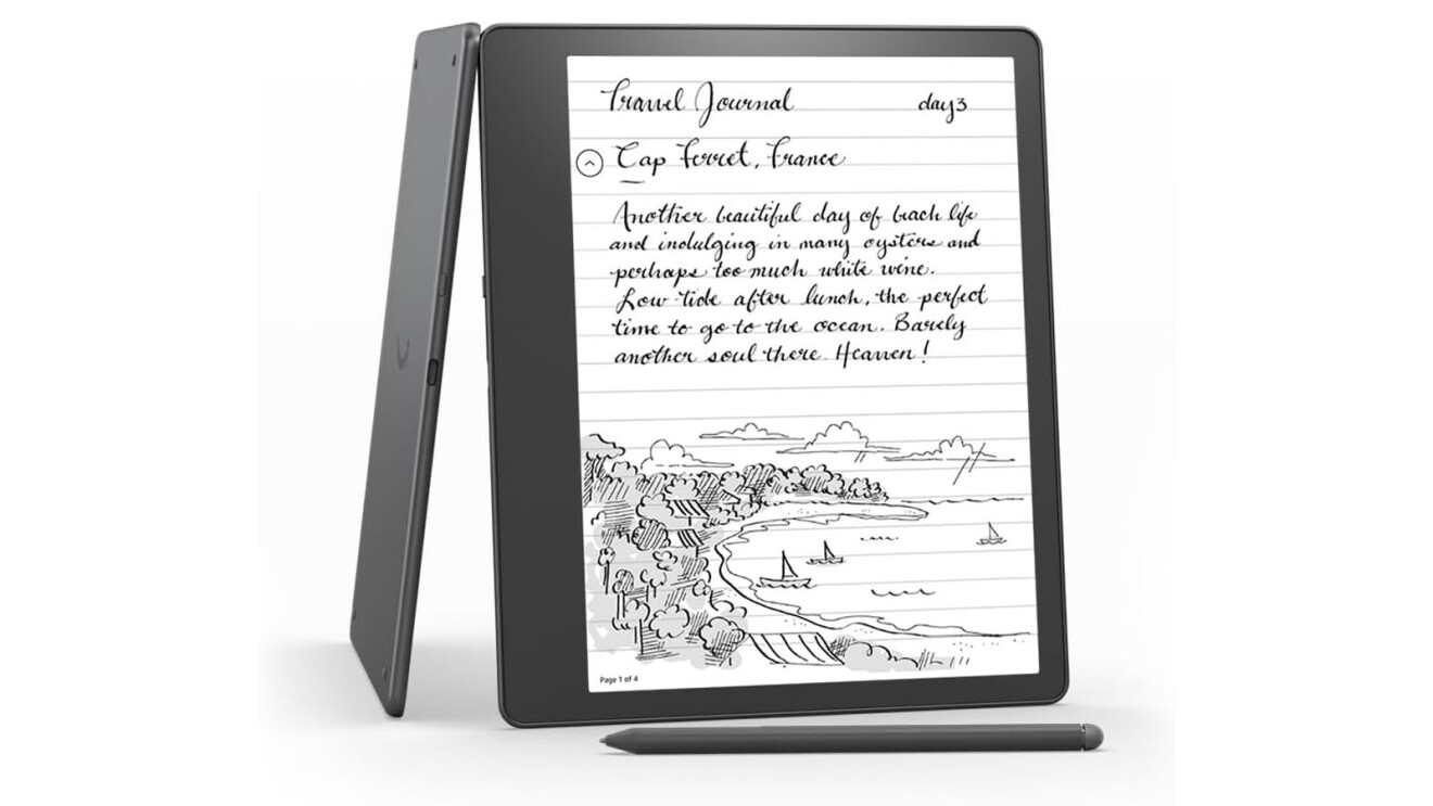 An image of the Kindle Scribe device. It is a black pad with a white screen that has been written and drawn on with a stylo pen in front of the device. There is a screen cover sitting next to the device.