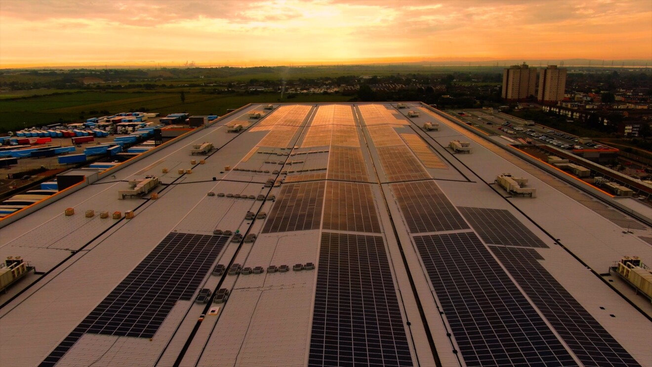 An overhead image of the solar panels above the Tilbury FC at sunrise. 