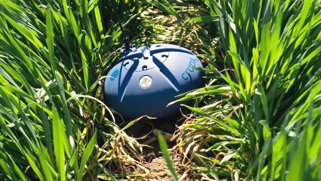 A photo of a CropX soil sensor in a bed of grass.