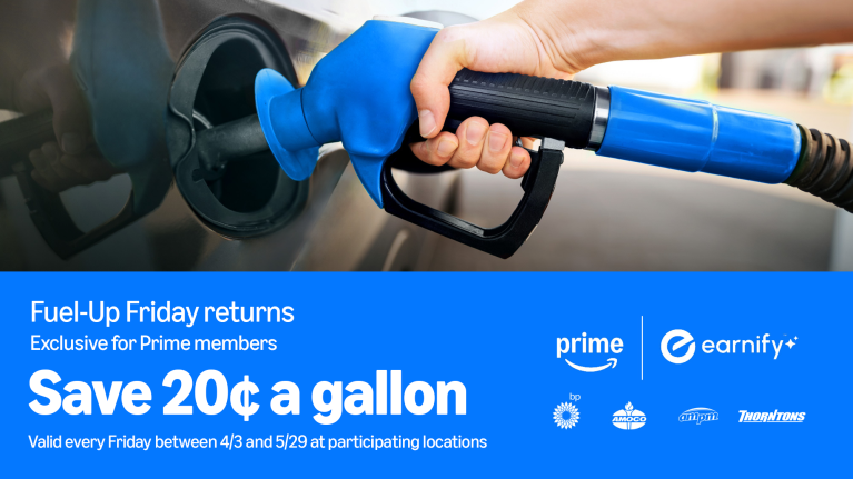 Fuel-Up Friday promo: Hand holding blue fuel pump nozzle, text says 20 cents off per gallon for Amazon Prime members