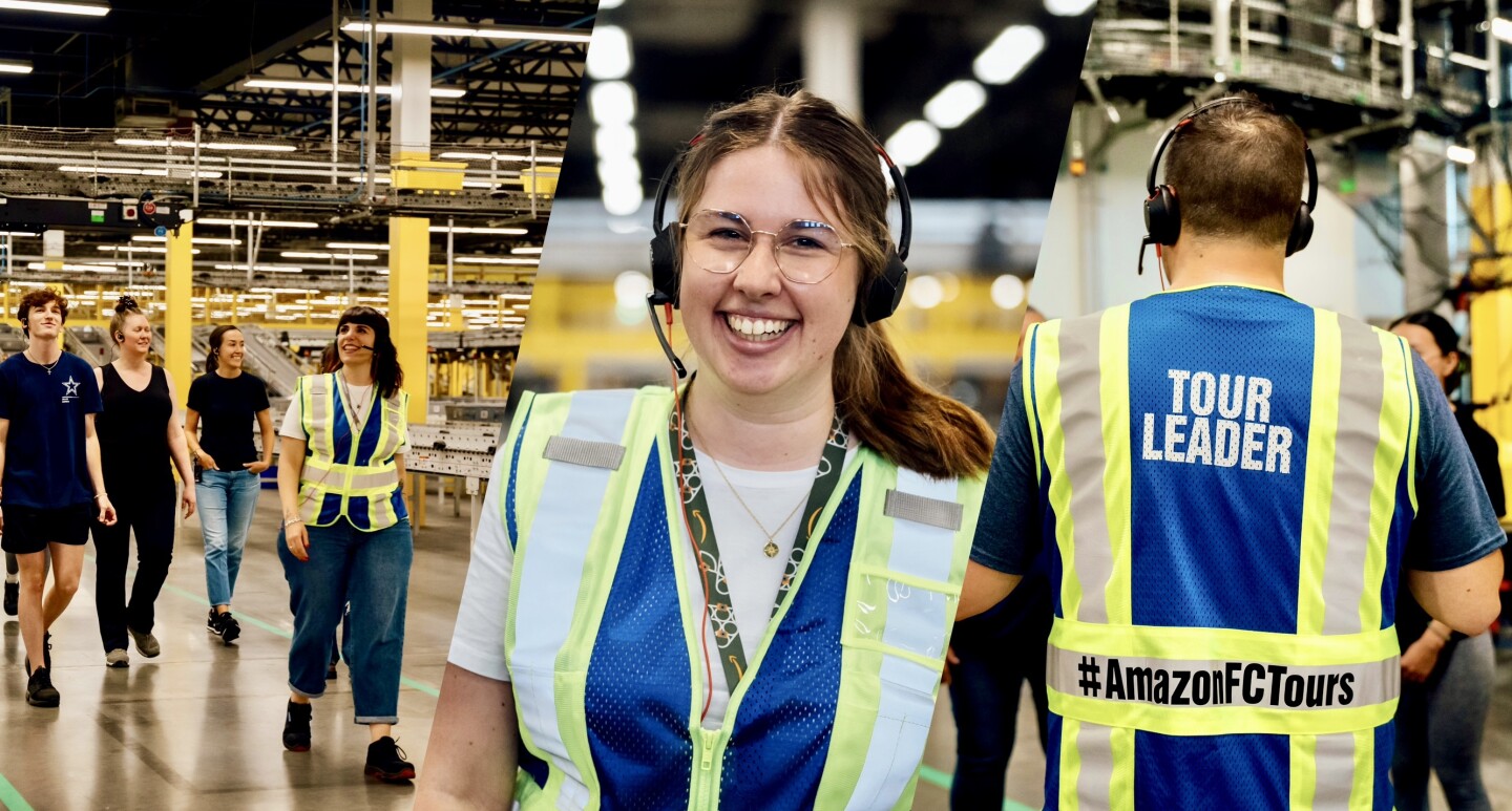 Collage zu Amazon Besuchertouren in den Logistikzentren mit Tour-Guides und Besuchergruppen.