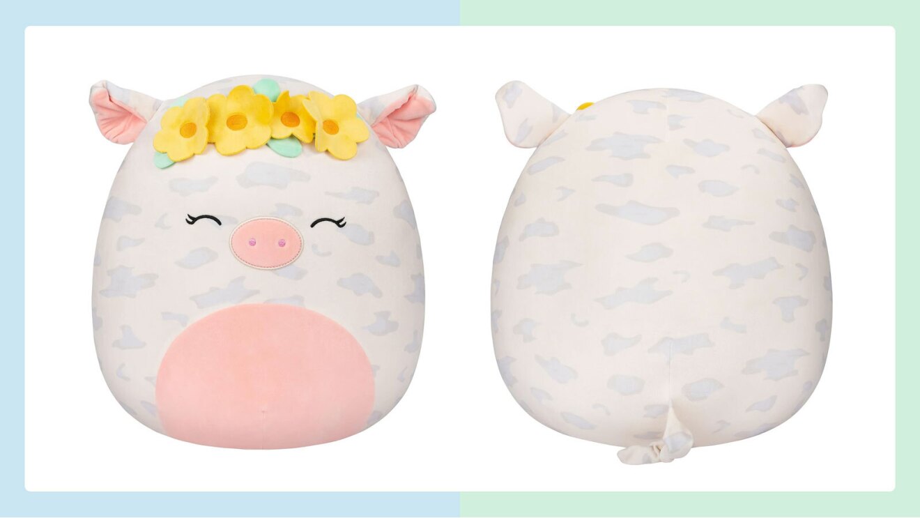 Amazon product image of Squishmallows 16-Inch Rosie Spotted Pig With Flower Crown.