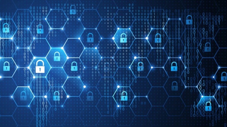 Visual presenting a drawing of locks and numbers symbolizing cybersecurity
