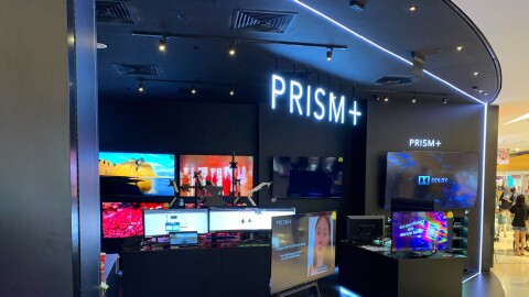 PRISM + Storefront located at Vivo City, Singapore. the store front includes displays of tv screens