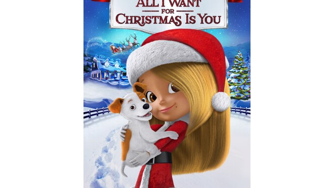 “玛丽亚·凯莉的圣诞我只想要你”动画电影的美术作品,展示了一个戴着圣诞帽和圣诞服装的小女孩,抱着一只小狗。
