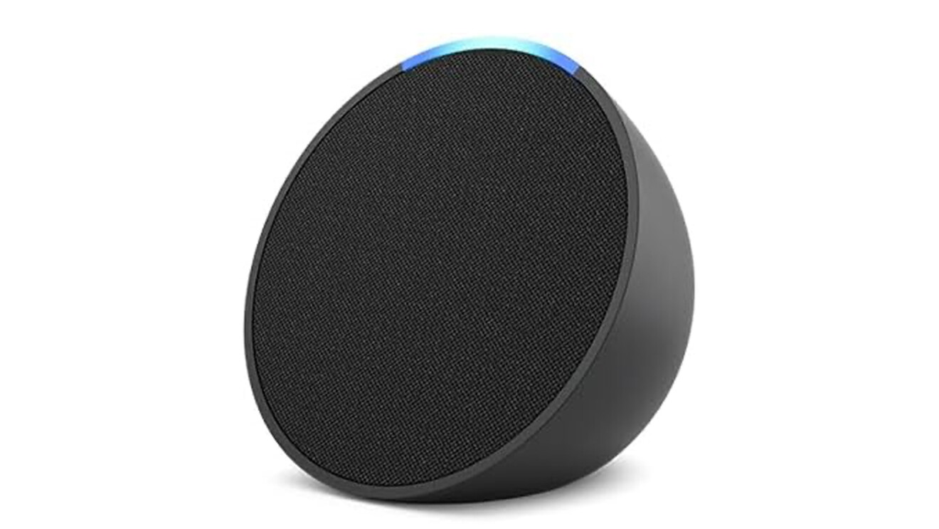 An image of a round, black speaker device with a blue light illuminated at the top. It is the Echo Pop device with Alexa.