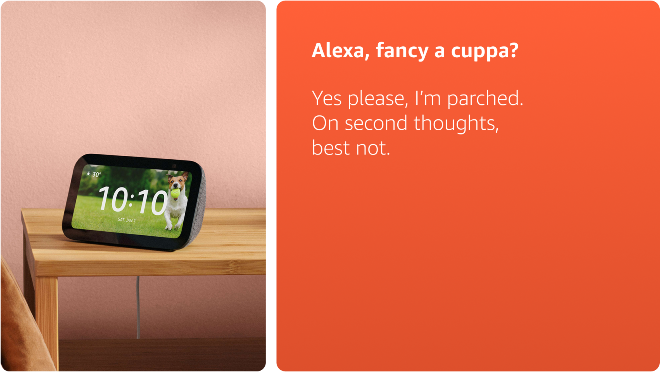 Alexa device displaying dog photo, with humorous tea request dialogue