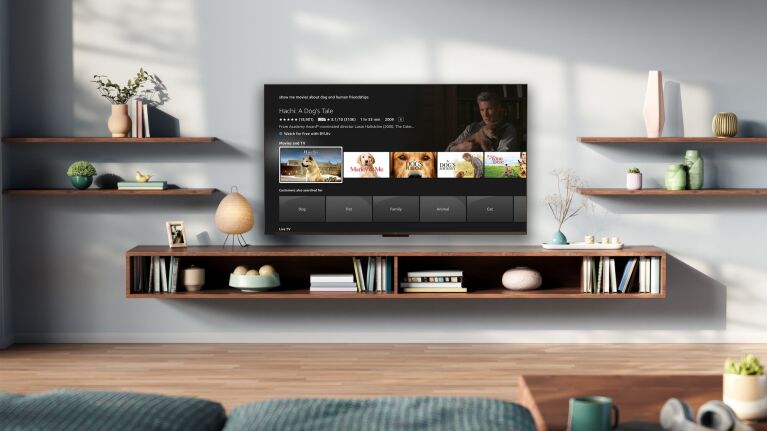 Stylish home entertainment setup with wooden shelves and Fire TV interface