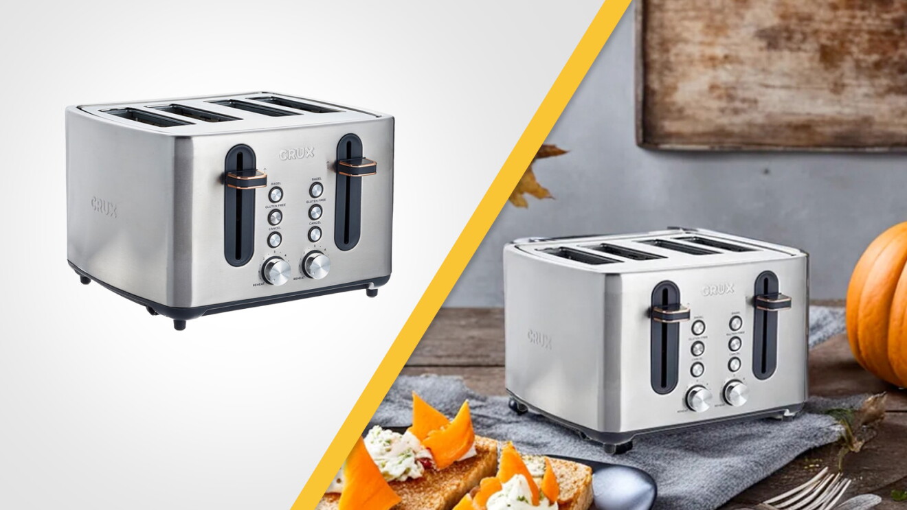 A graphic that showcases a toaster with nothing in the background, and then the toaster set on a table with fall decor.