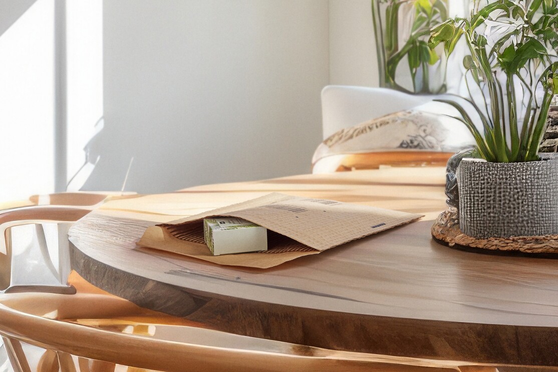 Mesa de una casa con un sobre de Amazon y un producto dentro.