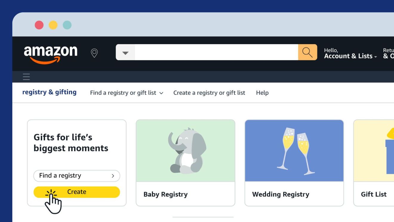 Amazon registry and gifting page with options for baby and wedding registries