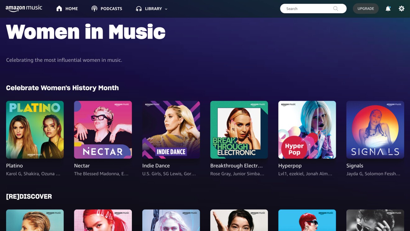A screenshot of the "Women in Music" page on Amazon Music.
