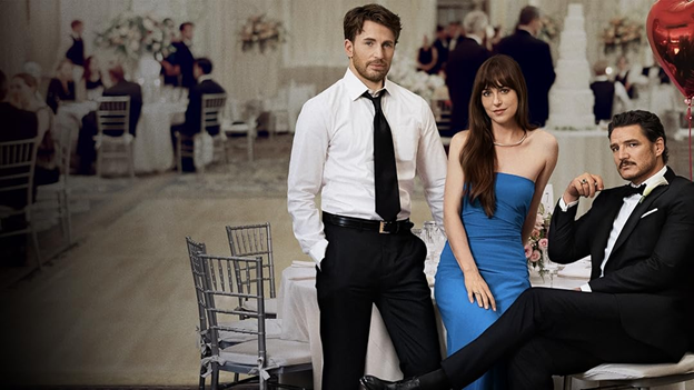 Materialists stars Dakota Johnson, Pedro Pascal and Chris Evans