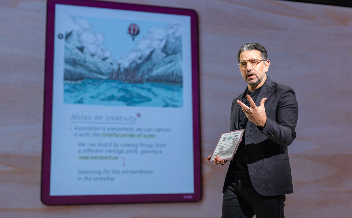 Panos Panay, SVP of Devices & Services, on stage introducing the Kindle Scribe Colorsoft