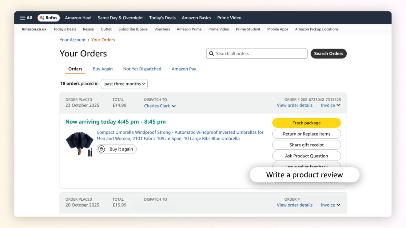 Screenshot showing Amazon order page with 'Write a product review' highlighted