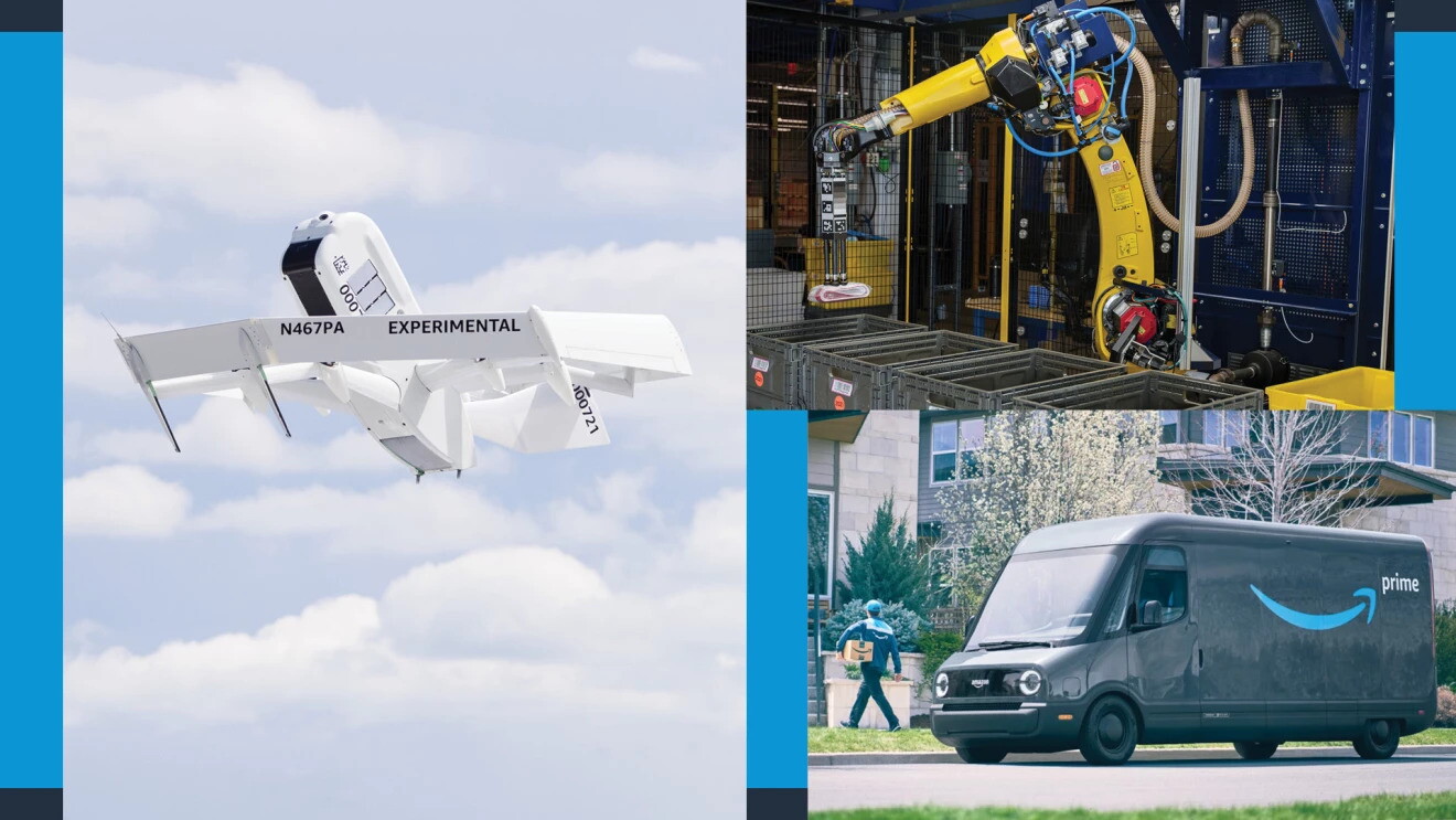 L'immagine mostra le novità tecnologiche Amazon: un drone di nuova generazione, un van elettrico e un braccio robotico intelligente.