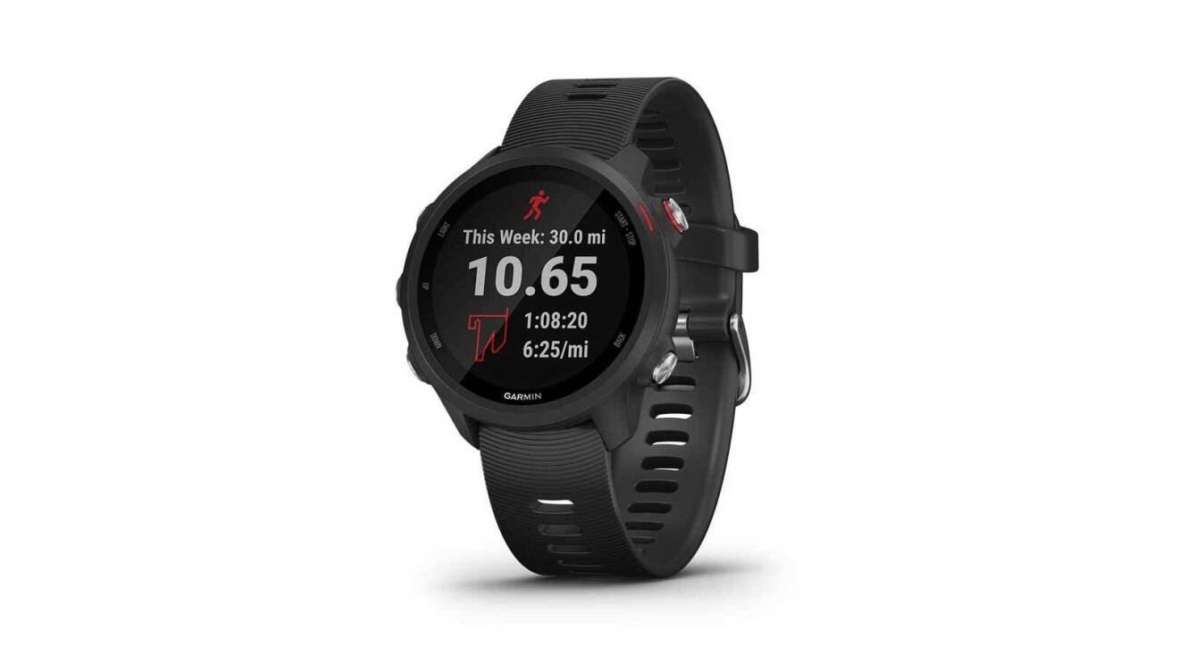 The black Garmin Forerunner 245 smartwatch with a round, black face, and numbers on the front that show the time and activity data.