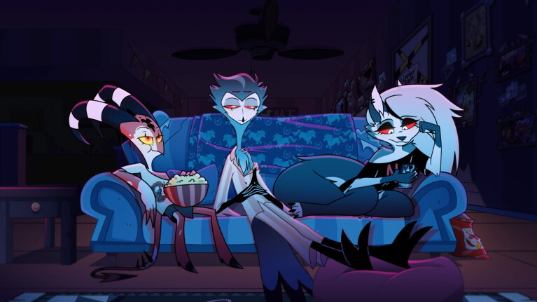 Blitzo, Stolas, and Loona sit on a sofa.