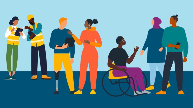 An illustrated image that shows a diverse group of people interacting with each other.