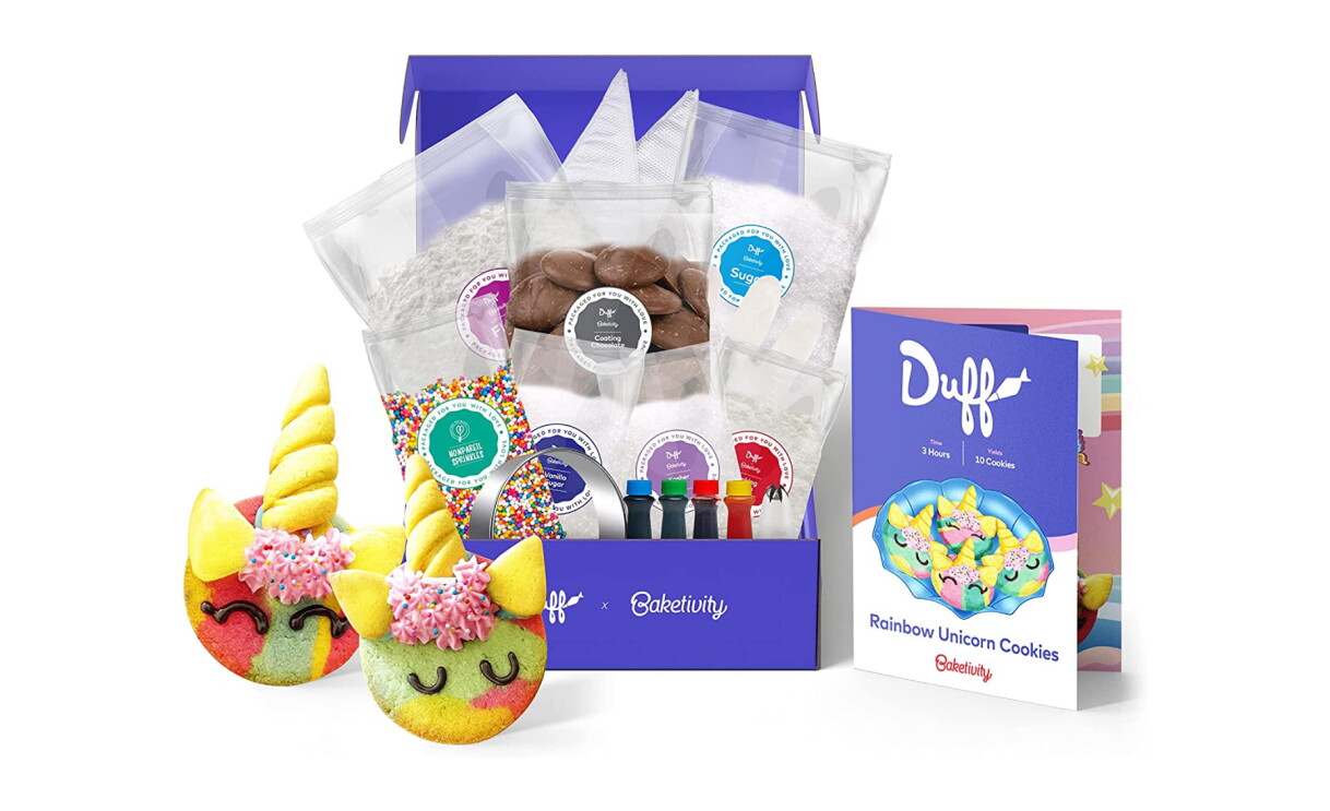 A photo of an unicorn themed cookie baking kit made by Bakeivity.