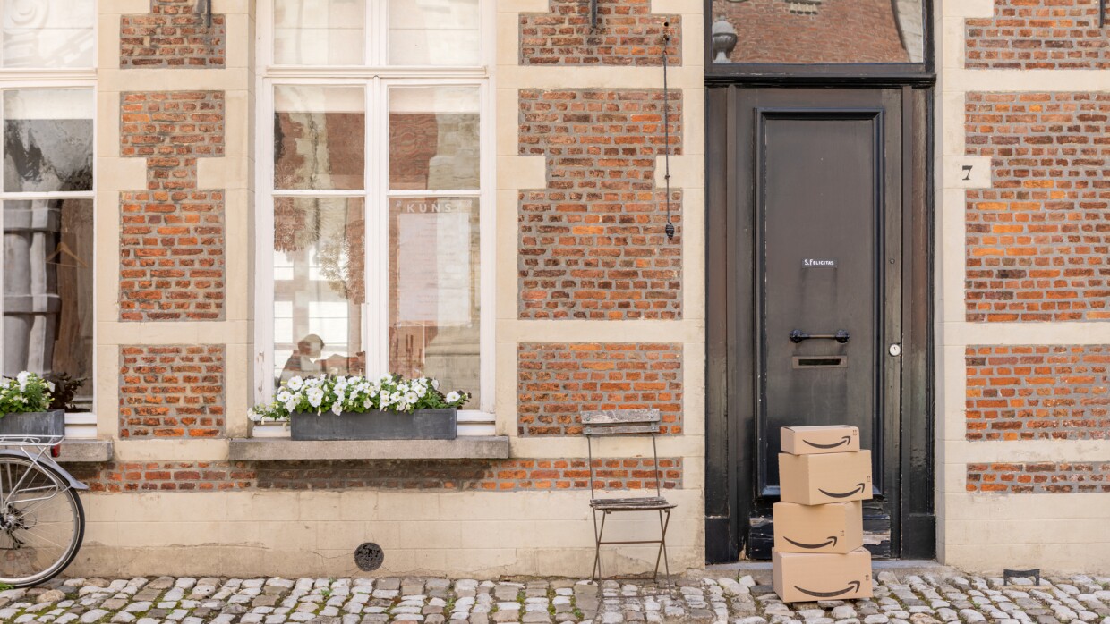 Amazon packages in front of a door in Belgium