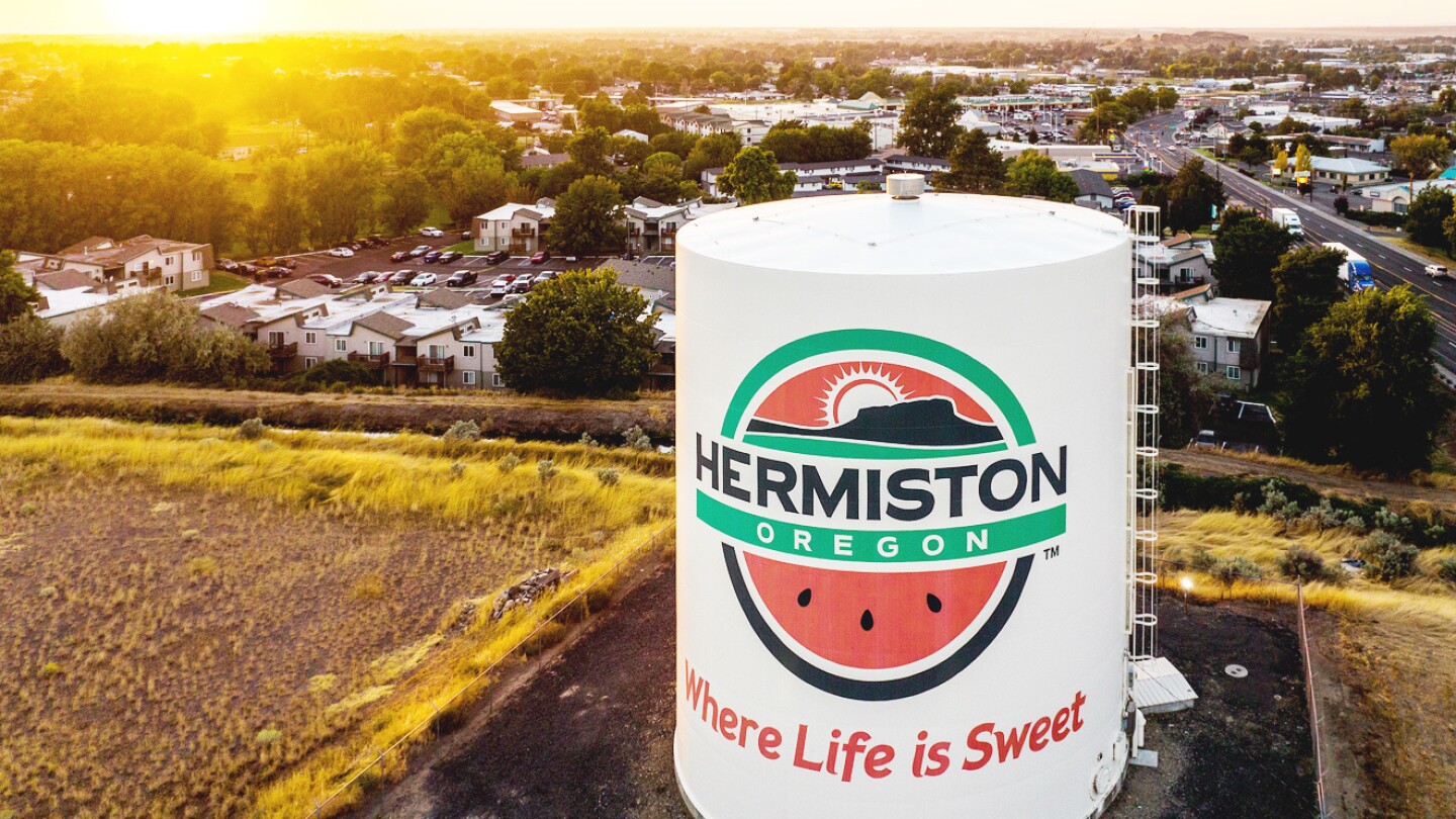 Aerial image of the water tower in Hermiston, Oregon. 