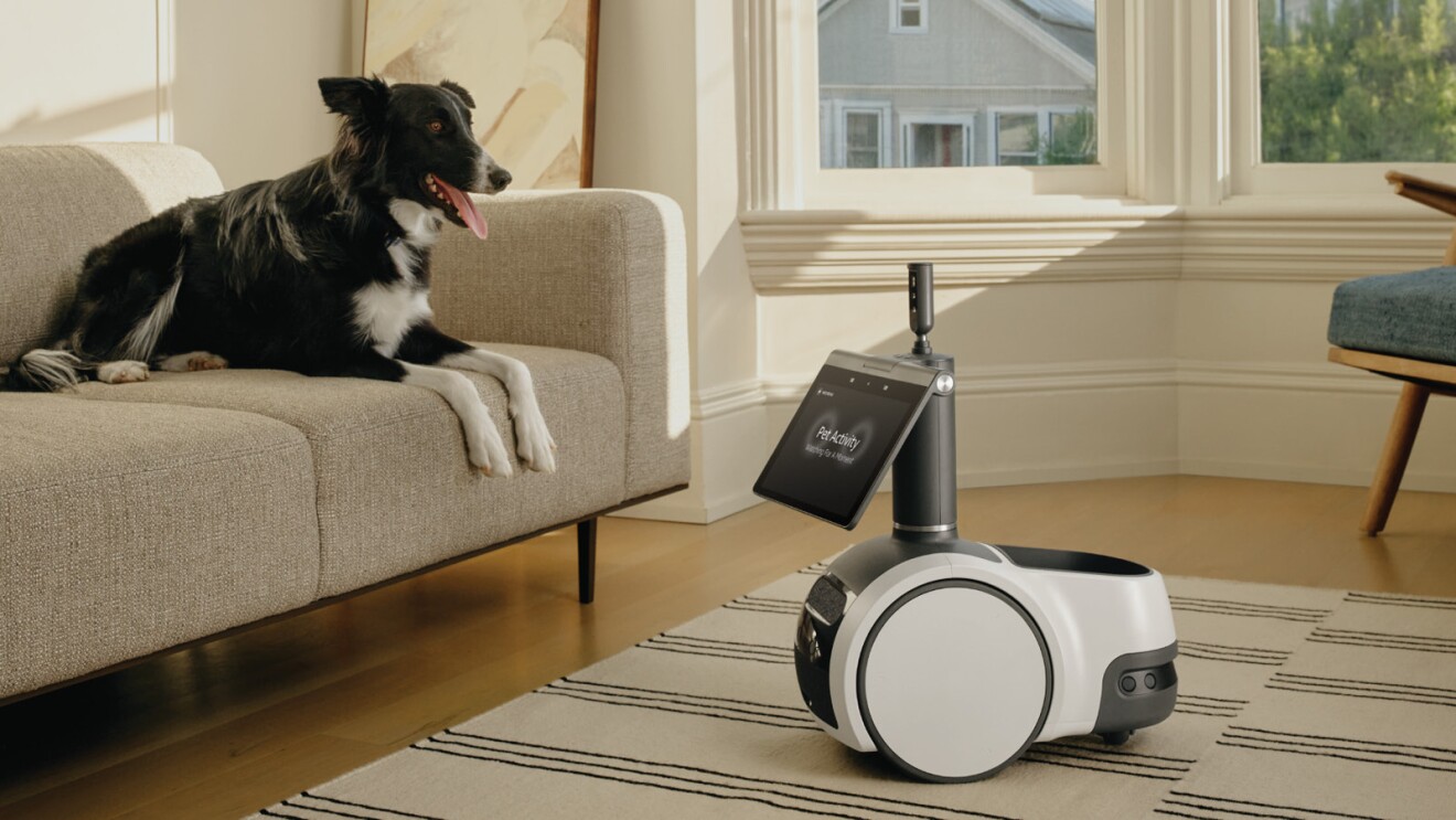 An image of Astro robot interacting with a dog in a living room. 