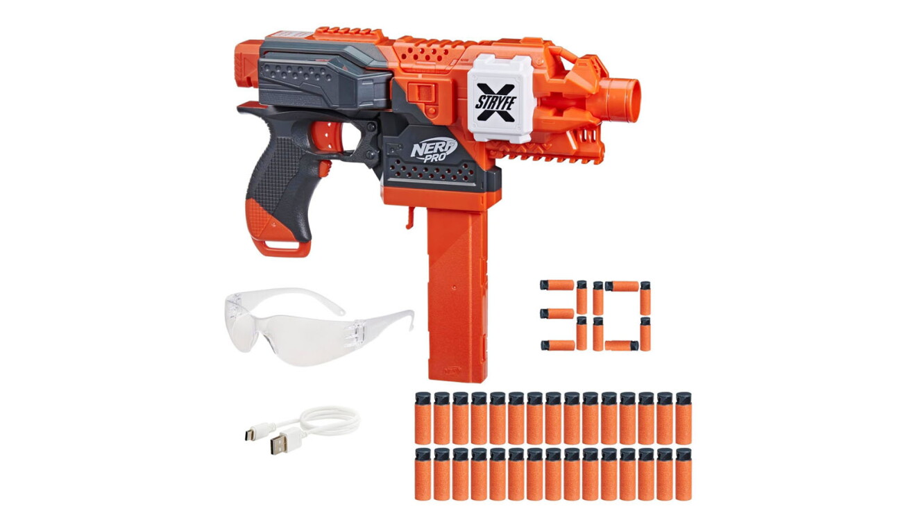 An image of an orange and gray Nerf gun with clear safety glasses, a charging cord. and rubber and foam Nerf bullets.