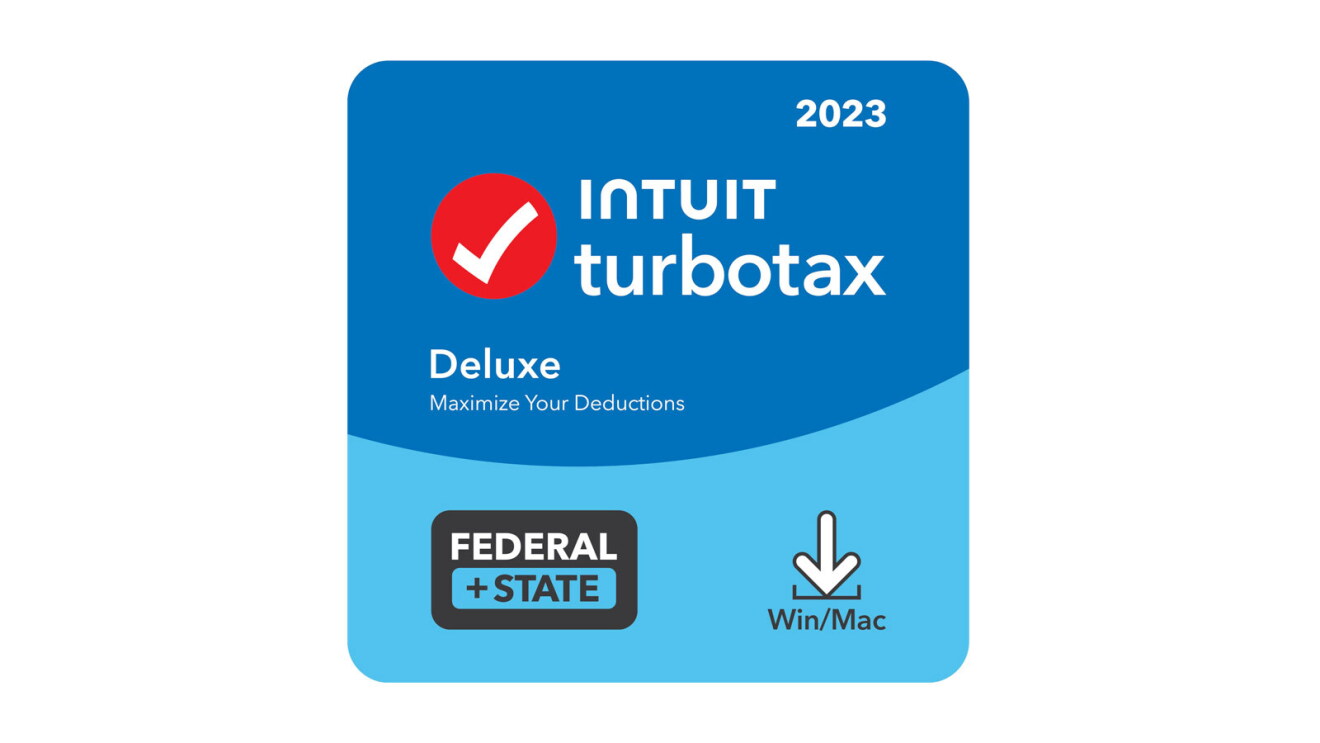 an image of a blue illustration with the words "intuit turbotax" at the top. There are words that say "Deluxe" and "Federal and State" lower on the illustration, along with the red check mark logo for TurboTax.