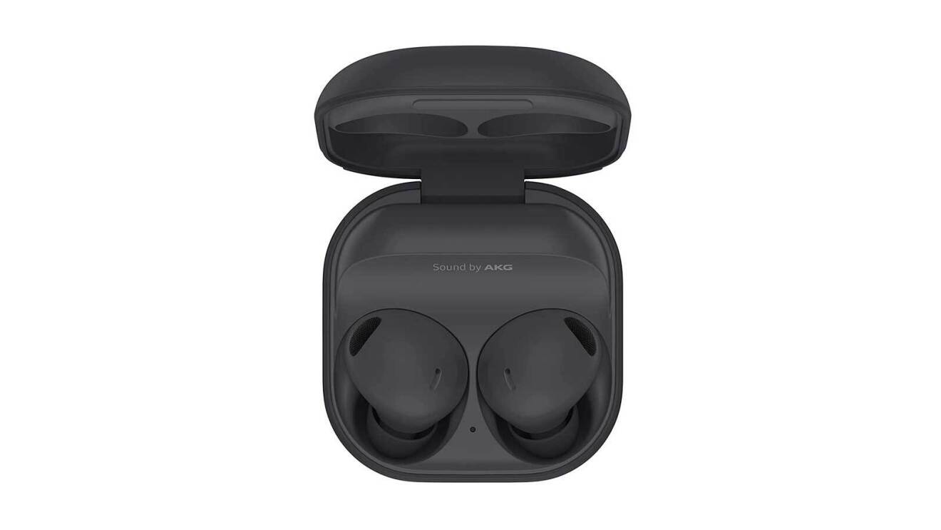 An image of a black pair of earpods from Samsung with a black charging case.