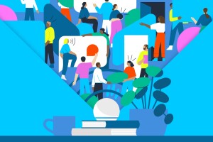 An illustrated image of an Amazon Echo device reflecting a collage of people communicating with each other. The device is sitting on two books, and there is a coffee mug and a plant in a blue background. 