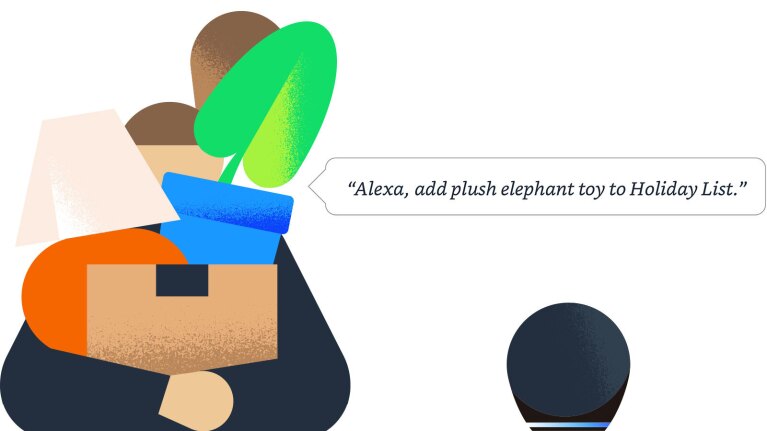 A colorful illustration of a person holding household items while asking an Alexa device to add a plush elephant toy to their holiday list.