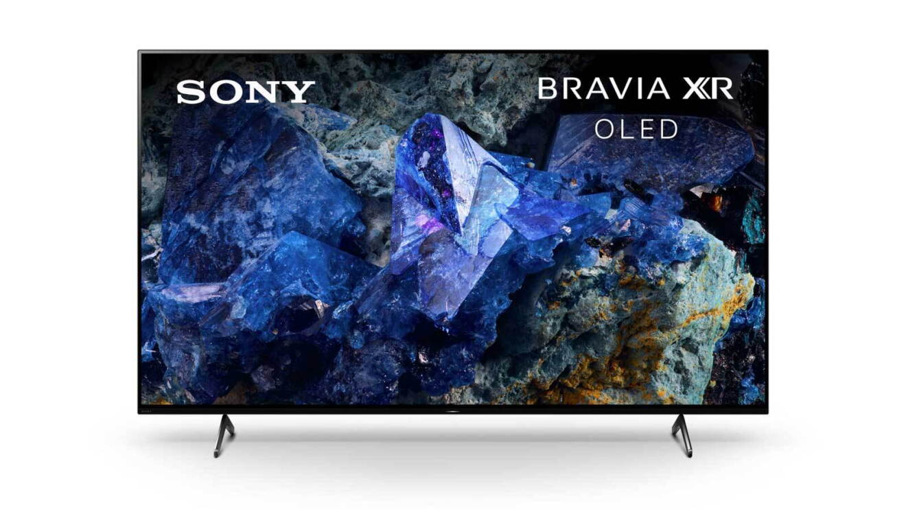 An image of a large, 55" SONY flat screen TV with a blue, black, and copper design on the front.