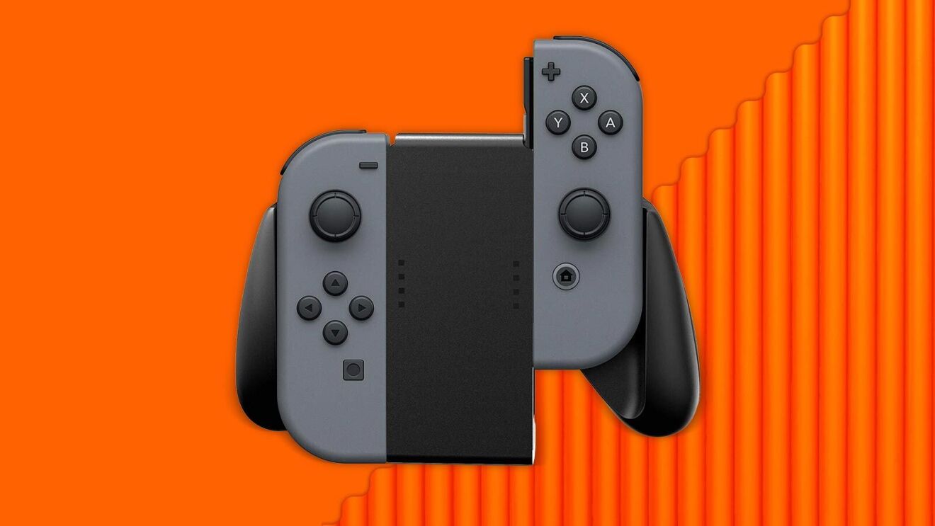 Nintendo Switch controller on vibrant orange background