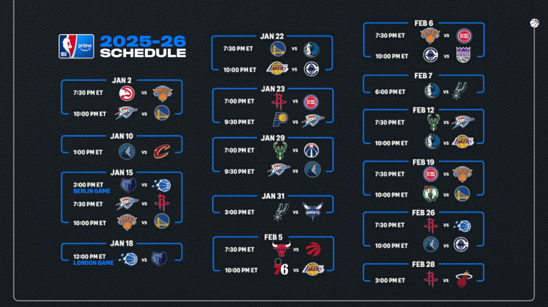 A lineup of NBA games for January and February on Prime Video.