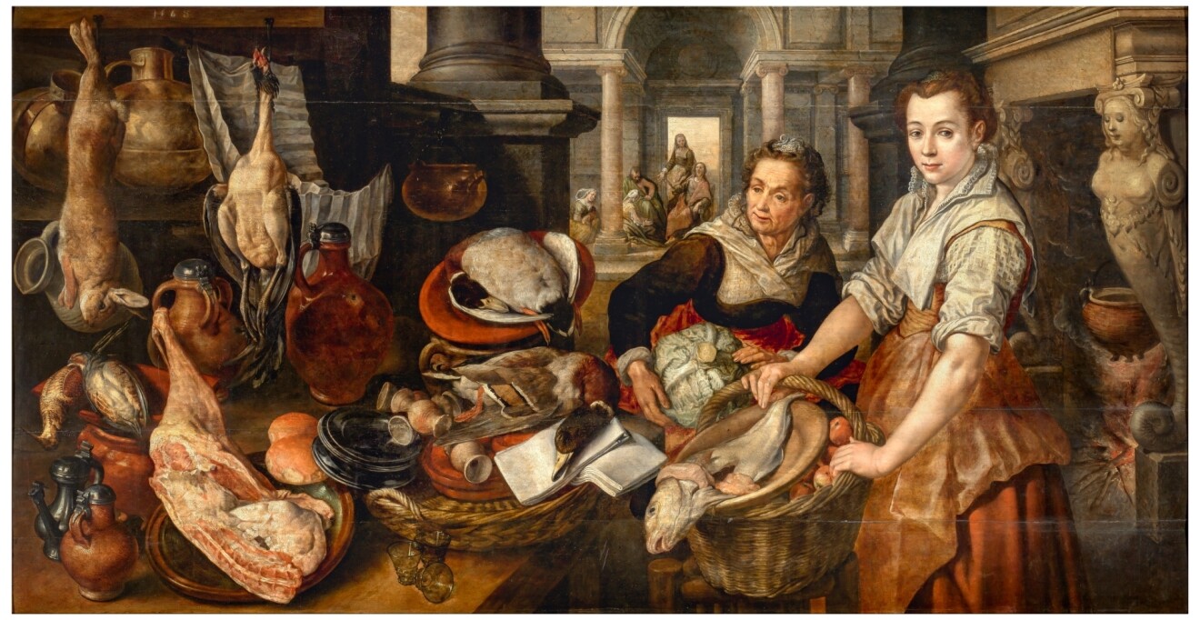 La pintura de Joachim Beuckelaert es la escena evangélica que da título al cuadro se representa al fondo, donde vemos a Jesús sentado en un sillón. Aunque desde el punto de vista del contenido se trata de la escena principal, ocupa un lugar muy secundario en la composición, pues el artista decidió dar la primacía visual a dos mujeres dedicadas a las labores del hogar, que también son trabajo.