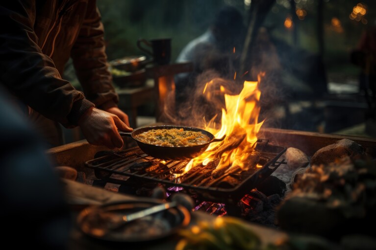 炎がゆらめく焚火の上でフライパンを使って料理をしている