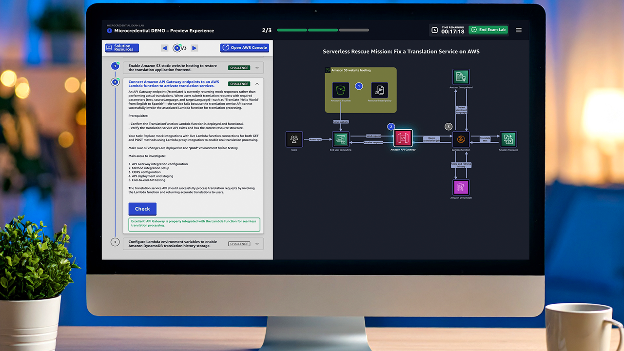 AWS cloud architecture diagram on desktop monitor with task instructions for microcredentials