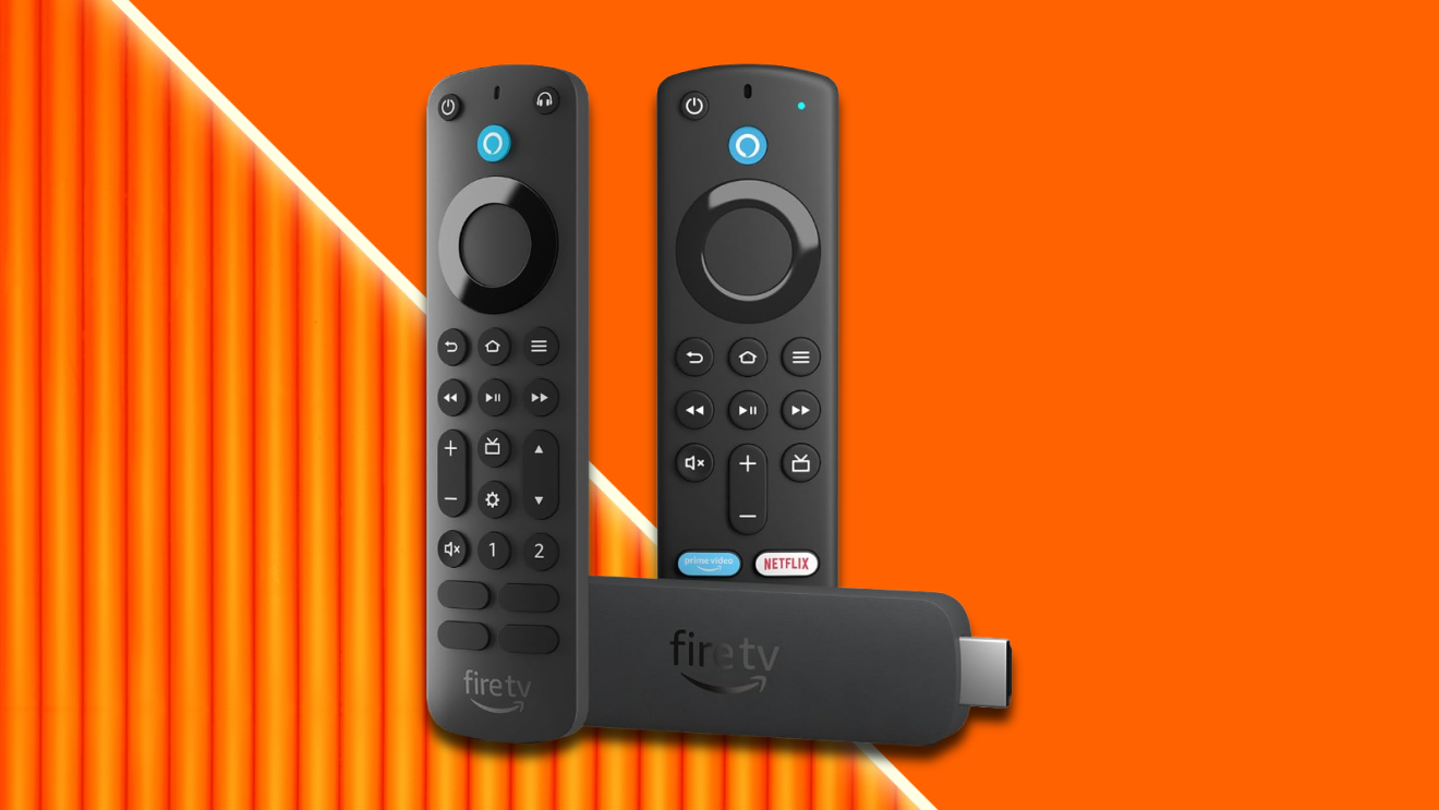 Amazon Fire TV Stick and two remote controls on orange background