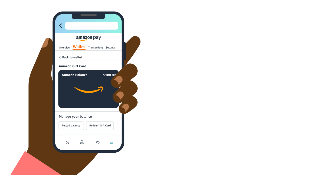 一幅插图的手拿着手机在屏幕上显示亚马逊礼品卡余额。