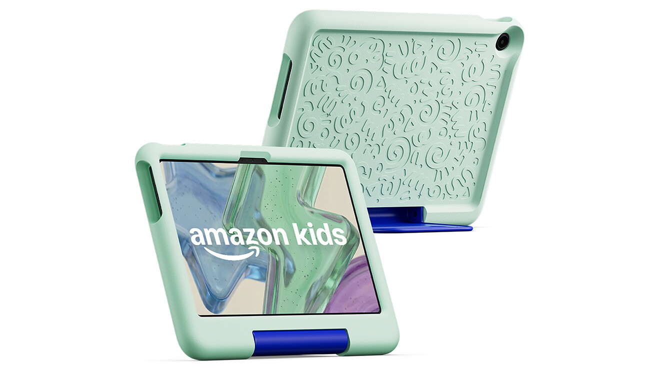 子供向けタブレットの前面と背面。画面にはamazon kidsの文字、背面は多数のうずまき模様が施されている。