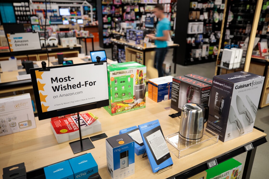 Inside the Amazon 4-star store in Seattle, Washington, highlighting products on display.