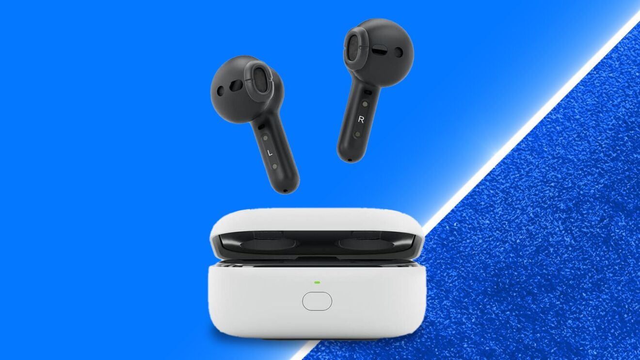 Wireless earbuds floating above open charging case on blue background