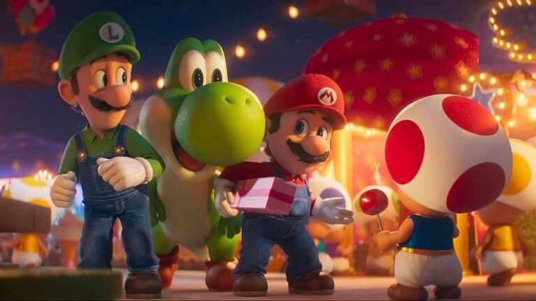 Super Mario characters Mario, Luigi and Yoshi look at Toad 