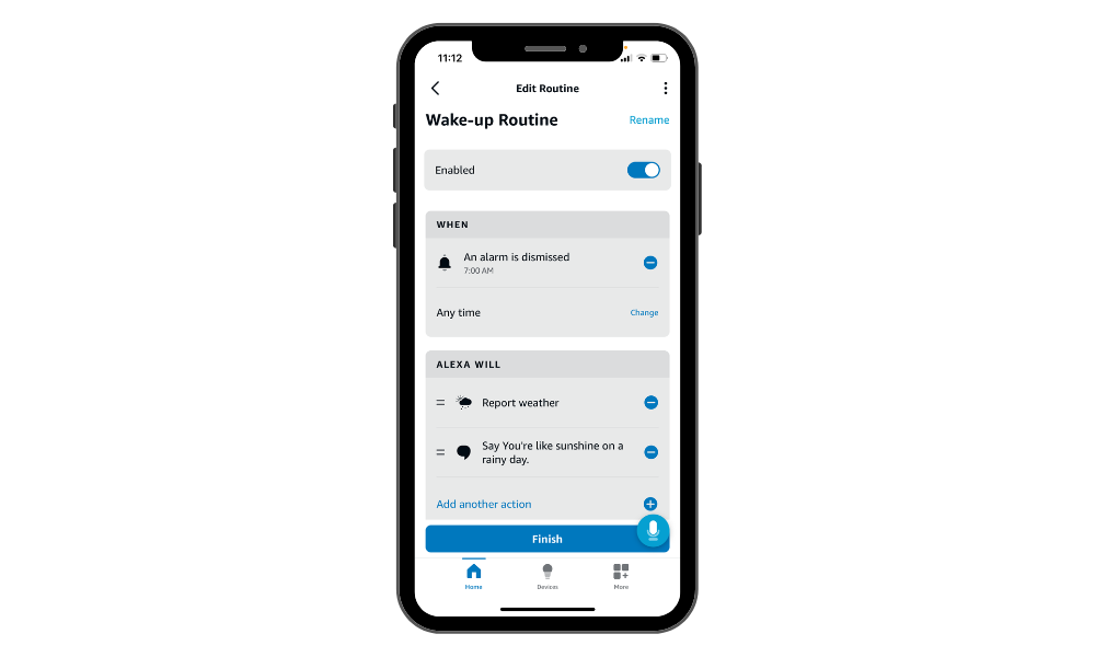 A mobile screen showing the Wake-up routine feature in the Alexa app