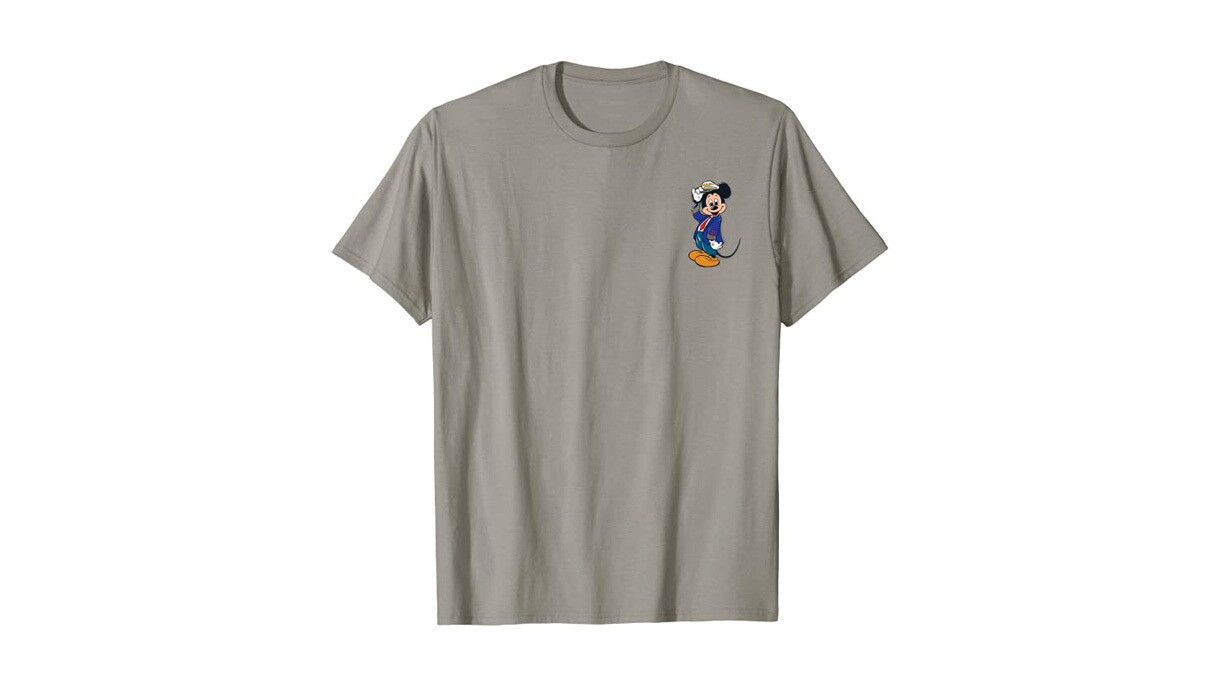 The product image for a gray t shirt with a small mickey mouse pilot cartoon on the top right corner.
